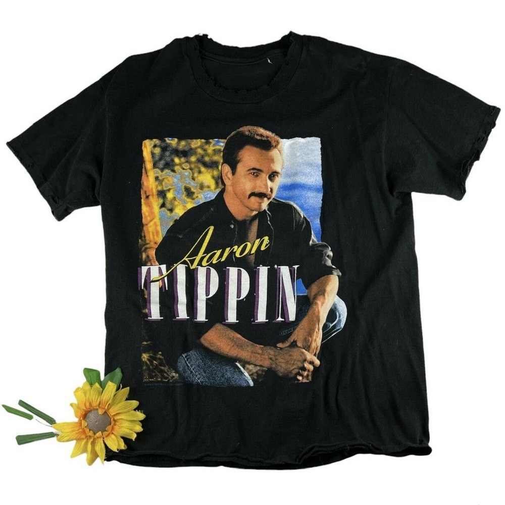 Vintage Aaron Tippin T-shirt Size Large Black Concert Distressed Single stitch